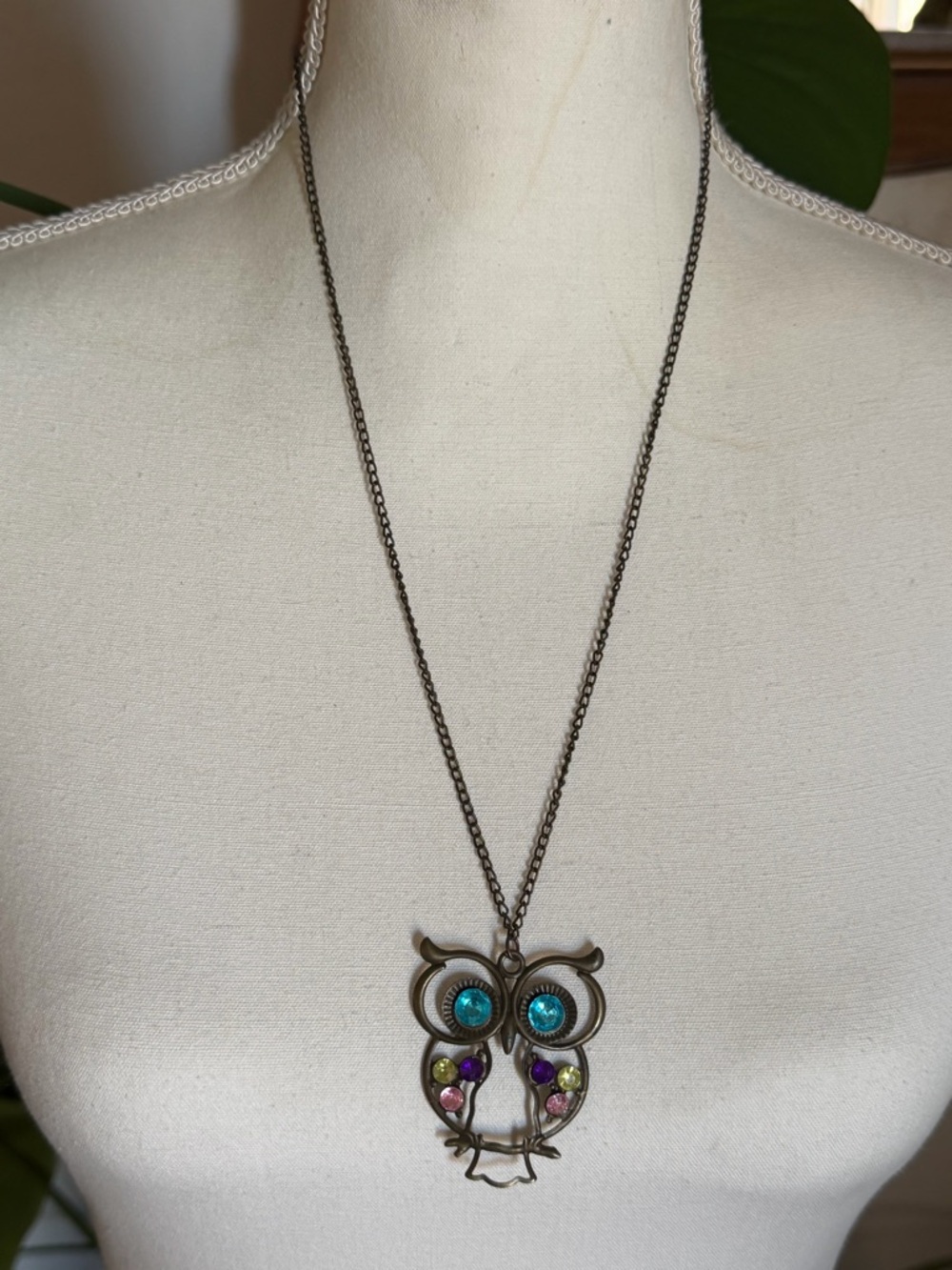 Vintage Large Bronze Owl Pendant Glass Rhinestone Accents Necklace
